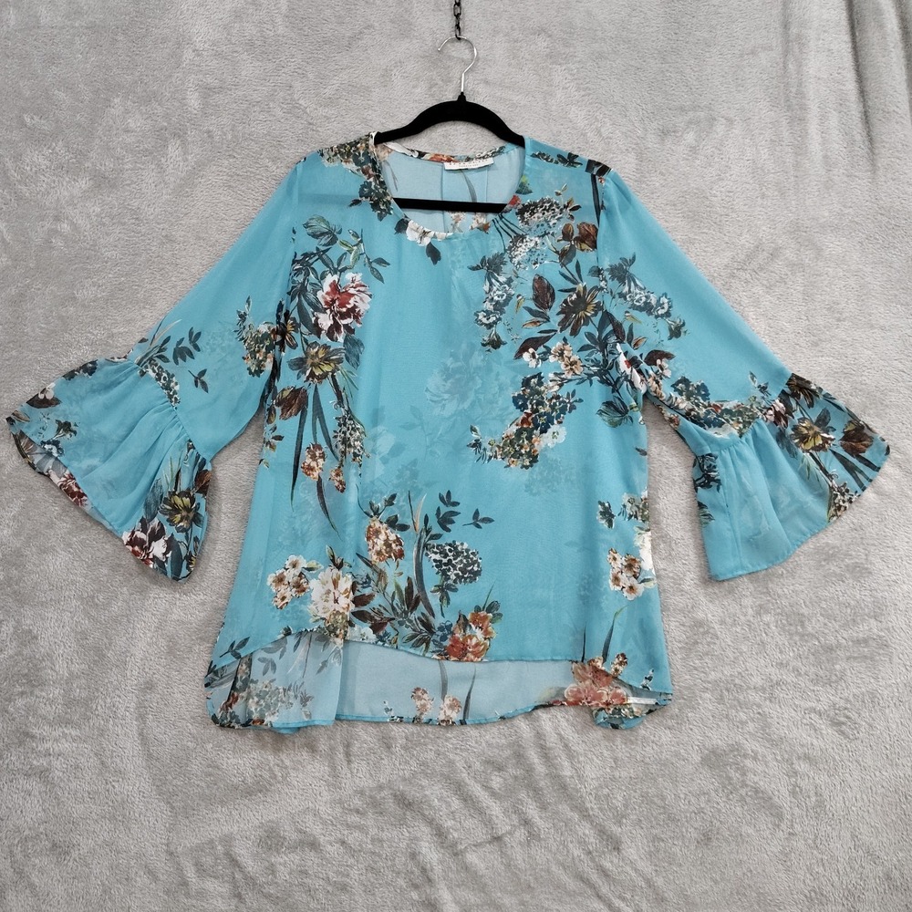 Bryn Walker Women's XL‎ Turquoise Floral Sheer Fran Top Ruffle Bell Sleeve